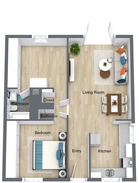 Floor plan for 2 beds, 1.5 baths, 812 sqft